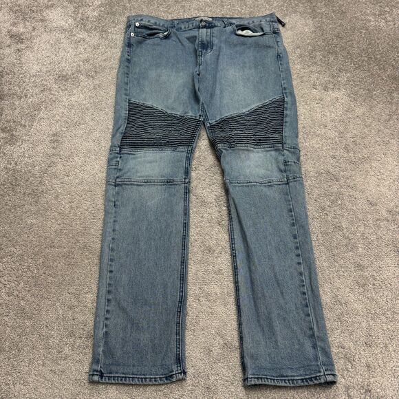 Bullhead Stacked Skinny Moto Denim Jeans Mens 36 Blue Light Wash Stretch Biker - Picture 1 of 16